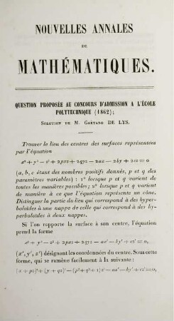 Question proposée au concours d'admission a l'École Polytechnique (1862).