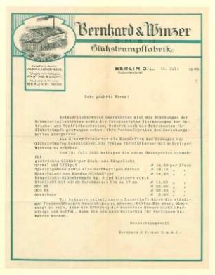 Brief der Firma Bernhard & Winzer GmbH, Glühstrumpffabrik an die Kundschaft betr. Preiserhöhung.