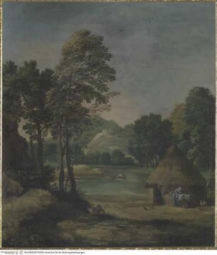 Flusslandschaft mit Waschfrau vor einer Strohhütte und Bergen im Hintergrund