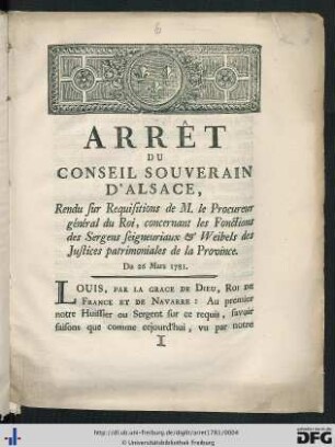 Arrêt Du Conseil Souverain D'Alsace.
