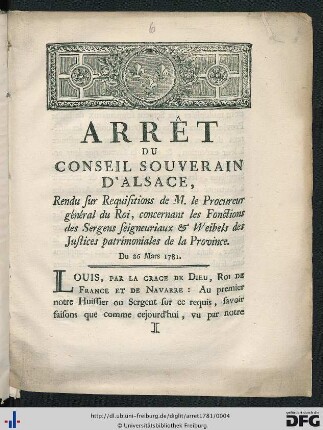 Arrêt Du Conseil Souverain D'Alsace.
