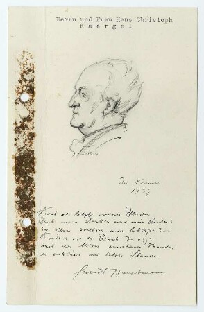 Grußkarte von Gerhart Hauptmann mit Porträtkopf an Frau und Herrn Hans Christoph Kaergel als Danksagung für die Wünsche zu seinem 75. Geburtstag. November 1937, o. O. Tinte und Bleistift auf Karton (Zeichnung signiert L. R. 37); 18,9 x 12 cm. Dresden: SLUB Mscr.Dresd.y,7,159
