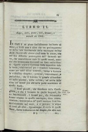 Libro II. Acque, terre, pietre, sali, bitumi, e metalli del Chili.