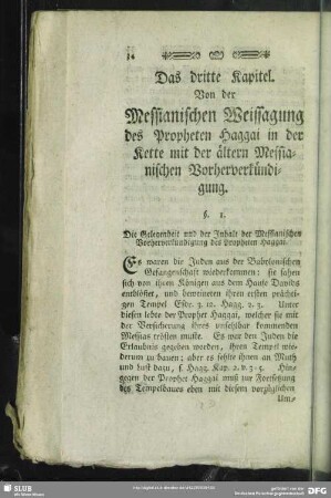 Das dritte Kapitel. Von der Messianischen Weissagung des Propheten Haggai in der Kette mit der ältern Messianischen Vorherverkündigung