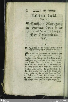 Das dritte Kapitel. Von der Messianischen Weissagung des Propheten Haggai in der Kette mit der ältern Messianischen Vorherverkündigung