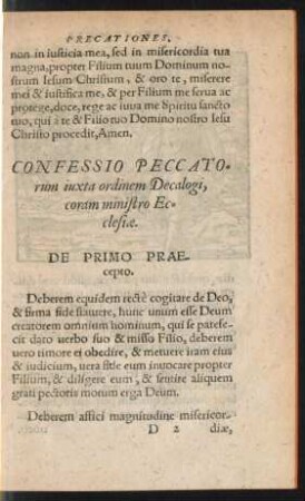 Confessio Peccatorum, iuxta ordinem Decalogi, coram ministro Ecclesiae.
