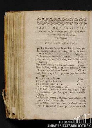 Table Des Chapitres, contenus en la troisiesme partie des Recreations Mathematiques, des Feux d'Artifice.