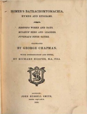 Homer's Batrachomyomachia : hymns and epigrams