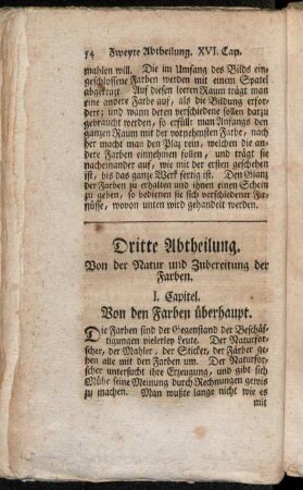 Dritte Abtheilung. Von der Natur und Zubereitung der Farben.
