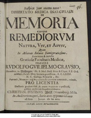Dissertatio Medica Inauguralis De Memoria eiusque Remediorum Natura, Usu, Et Abusu
