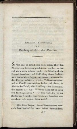 Ästhetische Beurtheilung des Heldengedichts: der Messias.