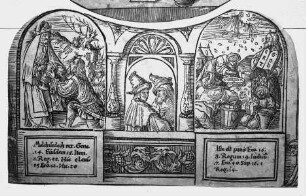 Die sogenannte "Große Passion Christi" — Vignette mit Melchisedek und Abraham (links), zwei halbfigurige Propheten (Mitte) und der Mannalese (rechts)
