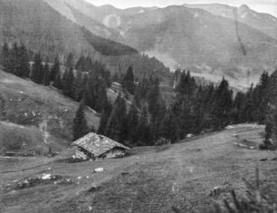 An der Almhütte : Blick von einer Almhütte in ein bewaldetes Tal und auf ein Gebirge