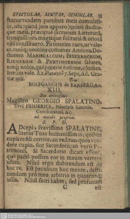 XIII. Suo amicissimo Georgio Spalatino … : [Ipso die Marthiae Apostoli Anno Domini M.D.XIX.; Tuus Otho Beckman]