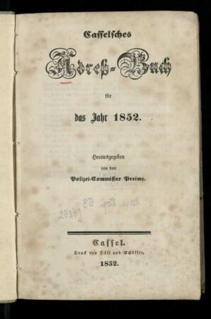 1852: Casselsches Adreß-Buch : für das Jahr 1852