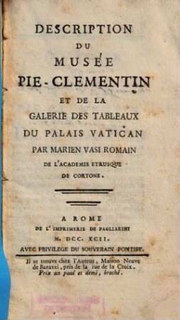 Description Du Musée Pie-Clementin : Et De La Galerie Des Tableaux Du Palais Vatican