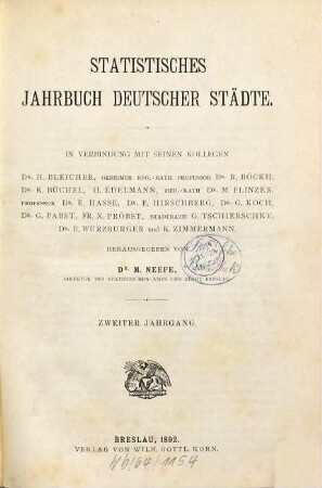Statistisches Jahrbuch deutscher Städte : amtliche Veröffentlichung des Deutschen Städtetages. 2. 1892