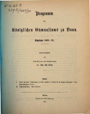 Programm des Königlichen Gymnasiums zu Bonn : Schuljahr .... 1869/70