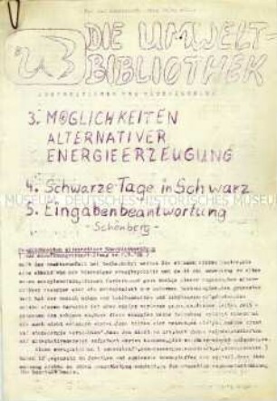 Informationsblatt des Friedens- und Umweltkreises der Zionskirchgemeinde Berlin, Umweltbibkliothek, u.a. mit einem Beitrag über alternative Energie - Sachkonvolut