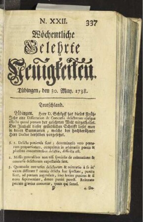 N. XXII. Tübingen, den 30. May. 1738