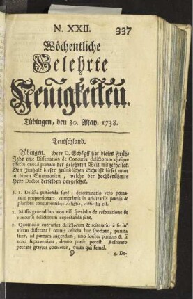 N. XXII. Tübingen, den 30. May. 1738