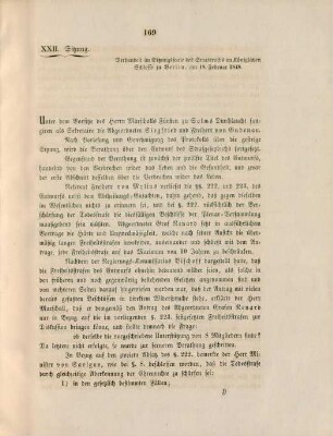 XXII. Sitzung. Verhandelt ... zu Berlin, am 18. Februar 1848