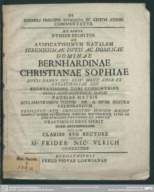 De Exempli Principis Efficacia In Civium Animis Commentatur