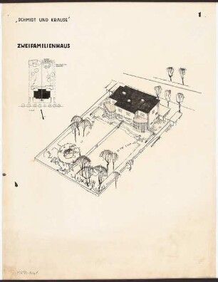 Zweifamilienhaus Monatskonkurrenz Februar 1930: Lageplan 1:500; perspektivische Ansicht