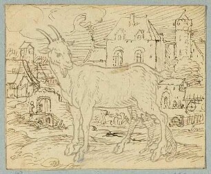 Ziege und Zicklein, Nachzeichnung einer Illustration in De warachtighe Fabulen der Dieren. Brügge 1567, S. 186