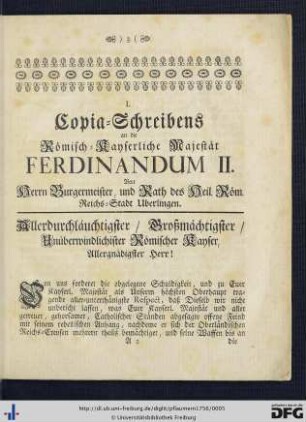 Copia-Schreibens an die Römisch-Kayserliche Majestät Ferdinandum II.