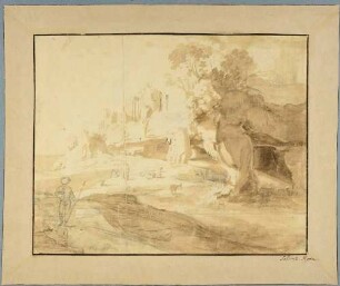 Felslandschaft mit Schafhirten, Kastell auf Felsen