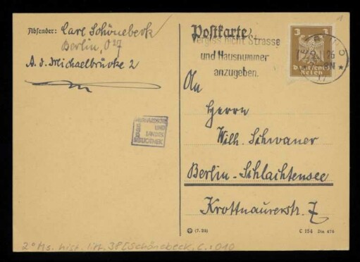 Brief von Carl Schönebeck an Wilhelm Schwaner