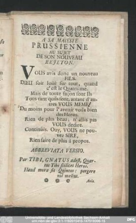 A Sa Maieste Prussienne Au Sujet De Son Nouveau Rejeton.