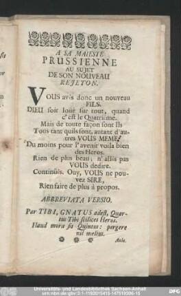 A Sa Maieste Prussienne Au Sujet De Son Nouveau Rejeton.