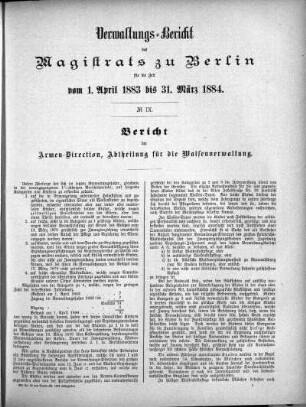No. IX. Bericht der Armen-Direction, Abtheilung für die Waisenverwaltung