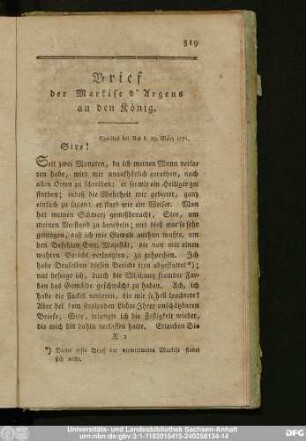 Brief der Markise d'Argens an den König.