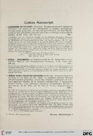 Codices Manuscripti (Nr.1-15)