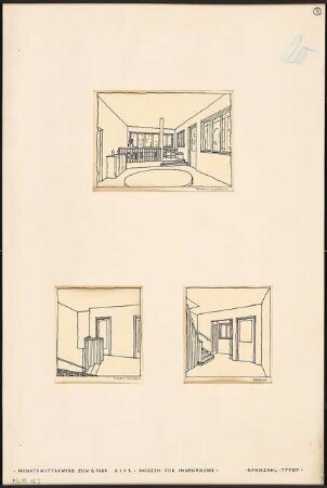 Zweifamilienhaus Monatskonkurrenz Februar 1930: 3 perspektivische Details: Treppe, Vorraum, Wohnzimmer