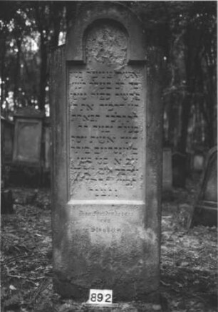 Grabstein 892 (Index: 99899355) Material: Sandstein Zustand: stark verwittert Maße HxBxT: 197x72x17 cm Beschreibung: Stele mit eingezogenem Rundbogenabschluss, Einzüge abgeschrägt: Grabstein 892