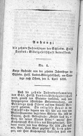 Anhang: die zehnte Jahresfeyer der Schlesw. Holst. Landes=Bibelgesellschaft betreffend.