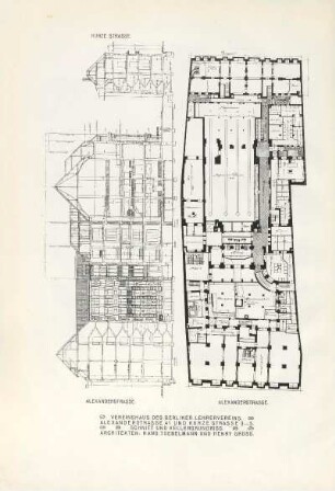 Vereinshaus des Berliner Lehrervereins. Alexanderstrasse 41 und Kurze Strasse 3-5. Schnitt und Kellergrundriss
