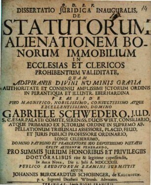 Dissertatio Juridica Inauguralis, De Statutorum Alienationem Bonorum Immobilium In Ecclesias Et Clericos Prohibentium Validitate