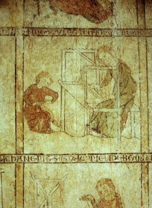 Zyklus mit Darstellung der Flachs- und Seidenverarbeitung, ausgeführt von Frauen und jungen Mädchen — Am Webstuhl mit spulendem Kind
