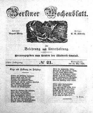 No. 21, Sonnabend, den 26. Mai 1838.