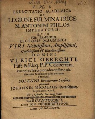 Exercitatio Academica De Legione Fulminatrice M. Antonini Philos. Imperatoris