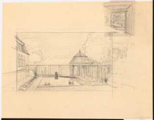 Unzugeordnete Garten- und Parkanlagen: Garten mit Pavillon und Pergola: Perspektivische Ansicht