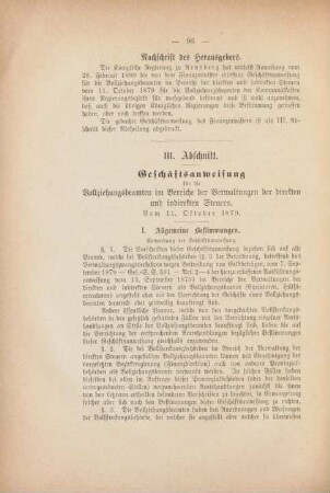 III. Abschnitt. Geschäftsanweisung für die Vollziehungsbeamten im Bereiche der Verwaltungen der direkten und indirekten Steuern. Vom 11. Oktober 1879