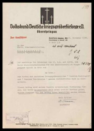 Volksbund Deutsche Kriegsgräberfürsorge in Berlin sowie Landesverband (ab 1934 Bezirk) Württemberg, Ortsgruppe Stuttgart und Oberrheingau