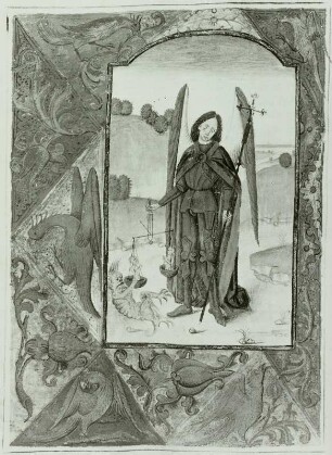 Illumination eines Stundenbuches: Der Erzengel Michael als Seelenwäger und Umrahmung mit Vögeln und Pflanzen r