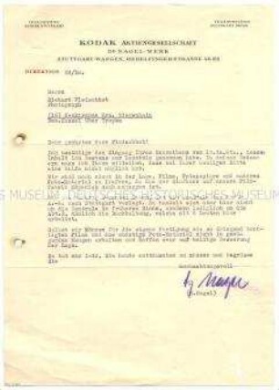 Brief der KODAK AG u.a. zur Lage in der Filmfabrik Köpenick durch die Teilung Deutschlands und zur Verlegung der Kodak-Geschäftszentrale nach Stuttgart - Nachlass
